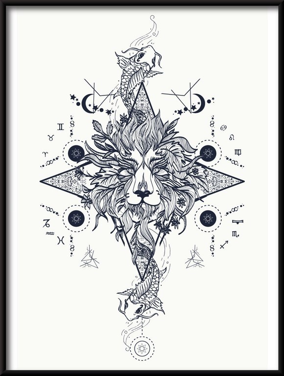 Plakat mistyczny lew i karp, średniowieczne symbole astrologiczne