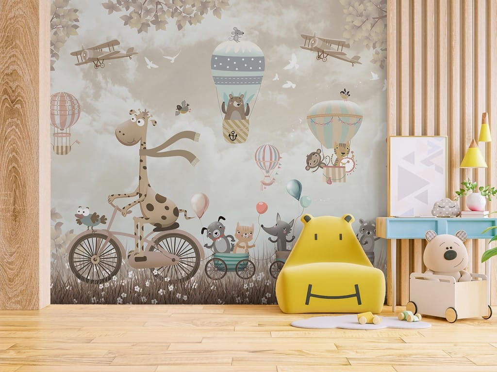 Nástěnná malba cestujících barevných zvířat Žirafa na kole pro děti - hlavní obrázek produktu