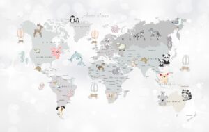 Fototapeta Mapa Świata z Kolorowymi Zwierzątkami — wzór 63386